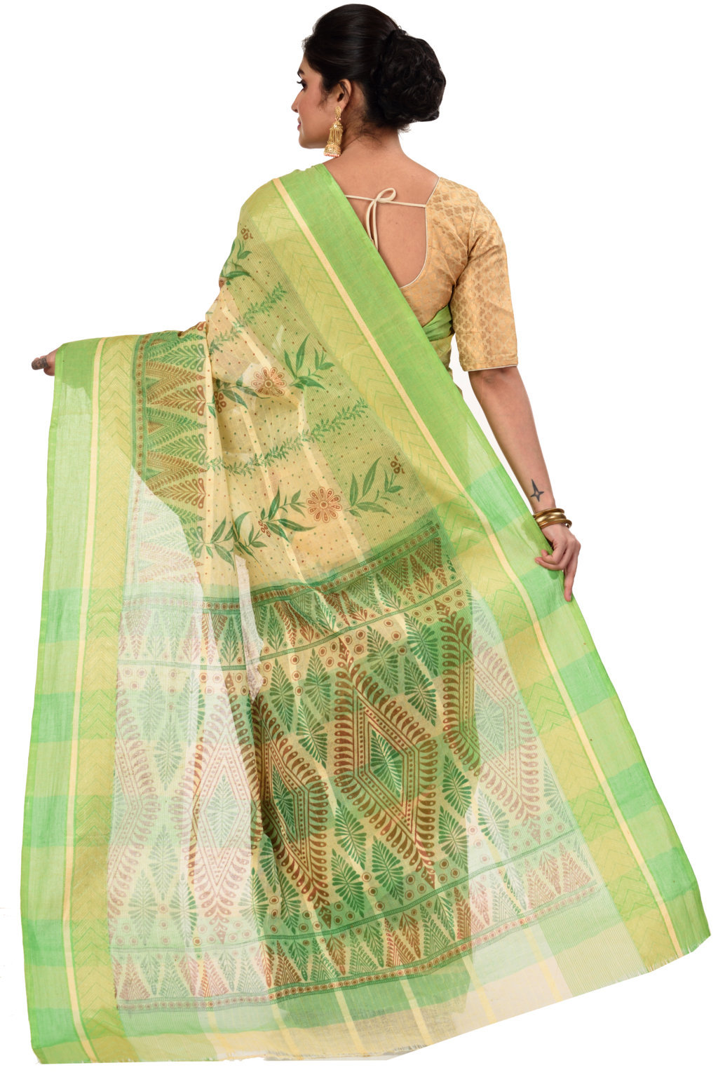 Green Pure Cotton Lata Pata Tant Saree Print (438)